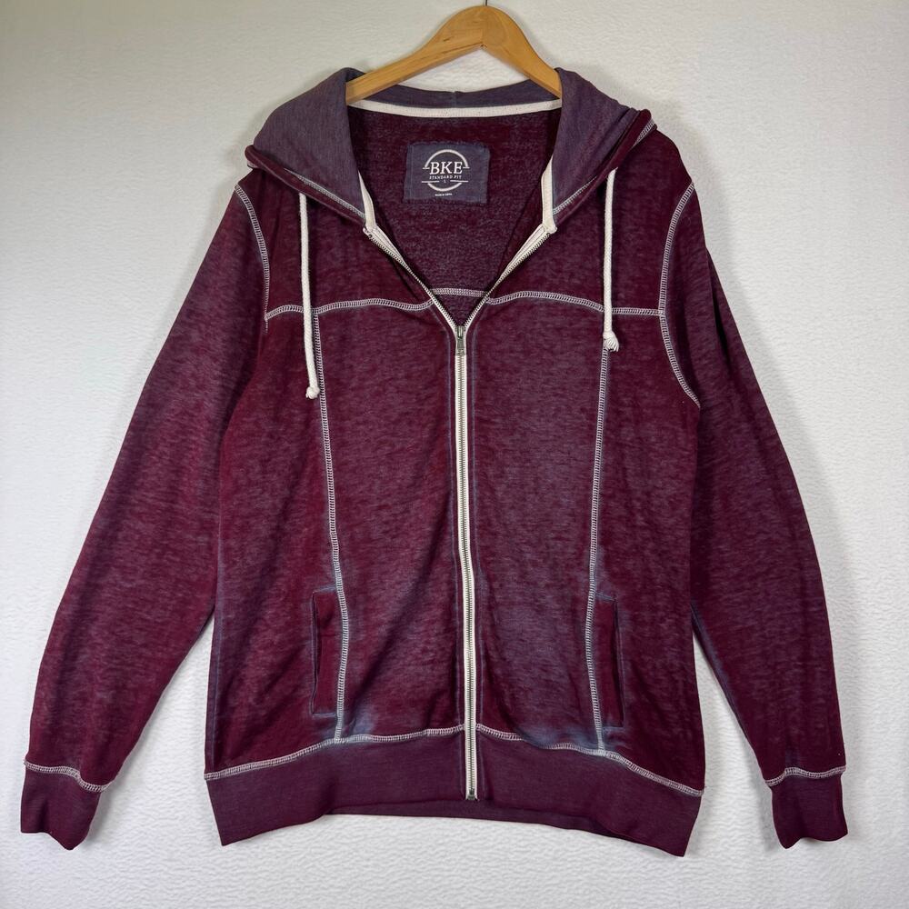 BKE Buckle Mens Zip Up Sweater with Hood Large Burnout Y2K Red Skater Comfy